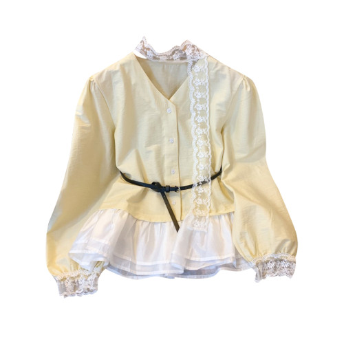 自畱款推薦~法式蕾絲飄帶v領長袖襯衫女春秋假兩件荷葉邊裙擺上衣