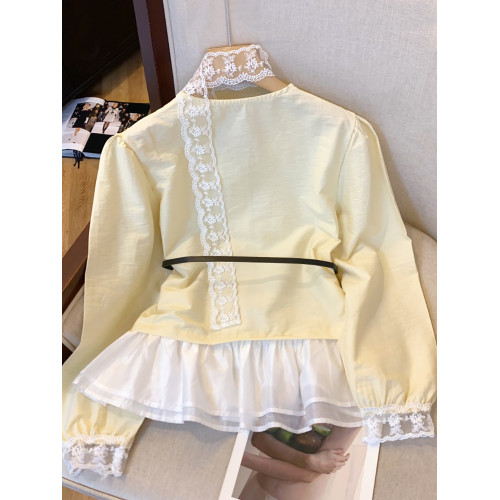 自畱款推薦~法式蕾絲飄帶v領長袖襯衫女春秋假兩件荷葉邊裙擺上衣