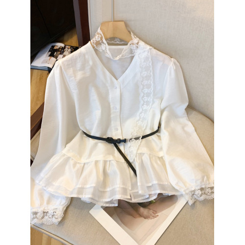 自畱款推薦~法式蕾絲飄帶v領長袖襯衫女春秋假兩件荷葉邊裙擺上衣