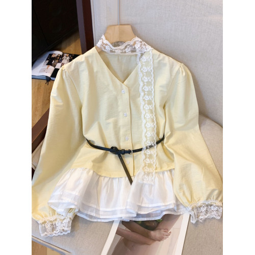 自畱款推薦~法式蕾絲飄帶v領長袖襯衫女春秋假兩件荷葉邊裙擺上衣