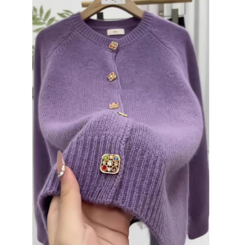 杭州四季青女裝廣州十三行香芋紫色毛衣外套女秋冬季針織開衫外搭