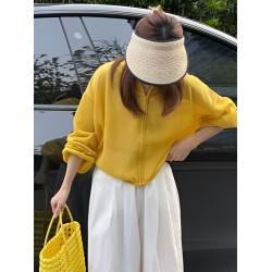 復古黃色連帽薄款長袖防曬服外套女2025新款早秋寬鬆休閒短款上衣