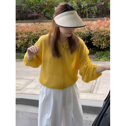 復古黃色連帽薄款長袖防曬服外套女2025新款早秋寬鬆休閒短款上衣