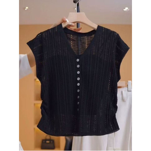 今年流行的V領短袖T恤女短款鏤空冰絲針織衫薄款時尚洋氣小衫上衣