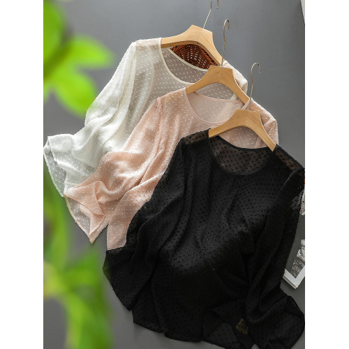 仙氣意境~真絲桑蠶絲剪花防曬罩衫微喇袖透視感圓領上衣 SY0129