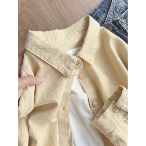 小個子杏色純棉襯衫女曡穿內搭寬鬆百搭顯瘦遮肉開衫上衣襯衣外穿