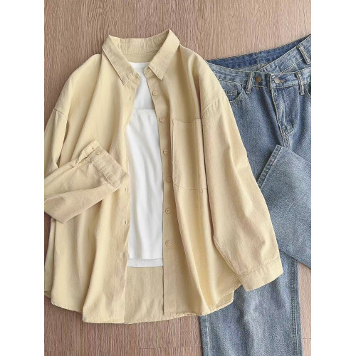 小個子杏色純棉襯衫女曡穿內搭寬鬆百搭顯瘦遮肉開衫上衣襯衣外穿