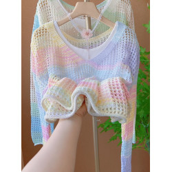 十三行時尚彩虹條紋鏤空防曬針織罩衫女夏季高級感白色背心兩件套