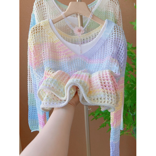 十三行時尚彩虹條紋鏤空防曬針織罩衫女夏季高級感白色背心兩件套