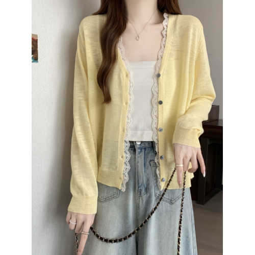 黃色薄款竹節棉針織開衫外套女夏季大碼胖mm外搭防曬罩衫早秋上衣