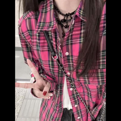 日系曡穿藍色格子襯衫外套女早春裝2025新款獨特別致上衣襯衣外穿