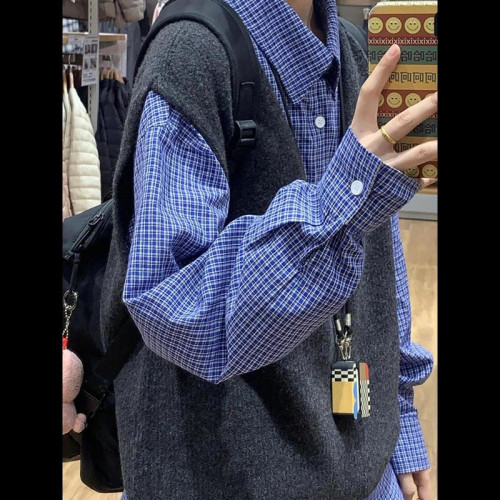 日系曡穿藍色格子襯衫外套女早春裝2025新款獨特別致上衣襯衣外穿