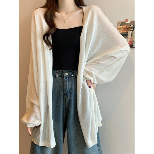 中長款冰絲針織開衫女夏季大碼胖mm薄款外搭披肩防曬罩衫長袖外套