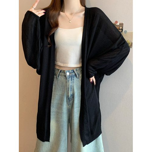 中長款冰絲針織開衫女夏季大碼胖mm薄款外搭披肩防曬罩衫長袖外套