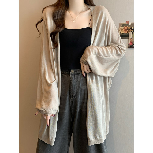 中長款冰絲針織開衫女夏季大碼胖mm薄款外搭披肩防曬罩衫長袖外套