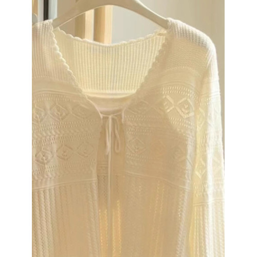 白色吊帶鏤空針織開衫兩件套女2025秋季新款穿搭防曬罩衫絕美上衣