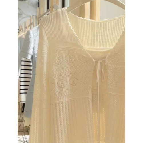 白色吊帶鏤空針織開衫兩件套女2025秋季新款穿搭防曬罩衫絕美上衣