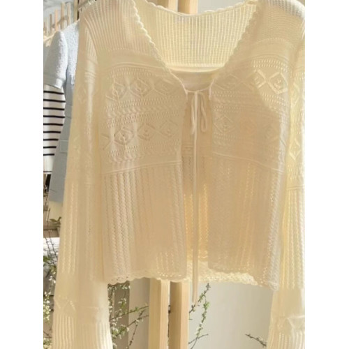 白色吊帶鏤空針織開衫兩件套女2025秋季新款穿搭防曬罩衫絕美上衣