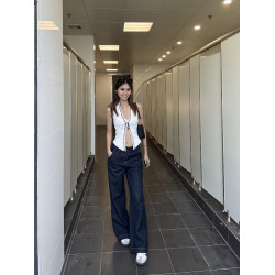 OUTFlT STUDIO 白色深V掛脖背心2025新款蝴蝶結系帶花邊上衣