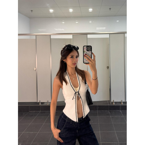 OUTFlT STUDIO 白色深V掛脖背心2025新款蝴蝶結系帶花邊上衣