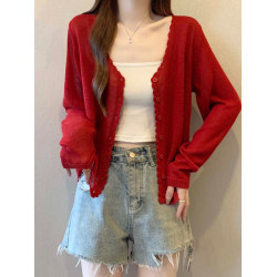 薄款冰絲紅色針織開衫防曬外套女2025夏季大碼胖mm吊帶裙外搭上衣