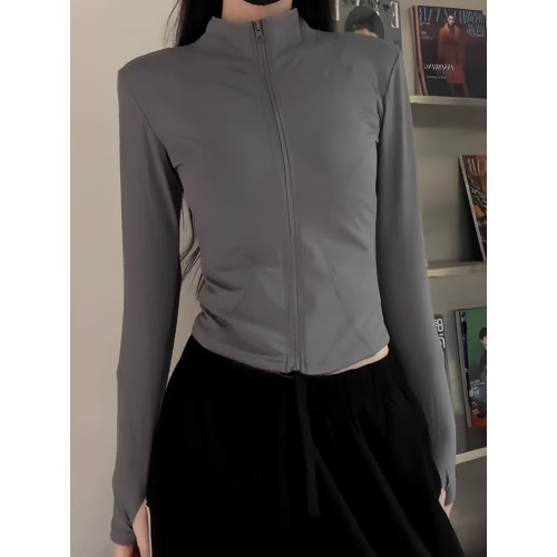 灰色防曬衣女款夏修身冰絲速乾瑜珈服上衣短款立領開衫防曬服外套