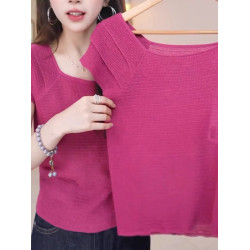 玫紅色顯白減齡冰絲針織衫溫柔甜美百搭短袖上衣2025夏季柔軟親膚