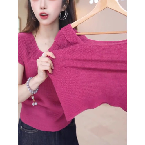 玫紅色顯白減齡冰絲針織衫溫柔甜美百搭短袖上衣2025夏季柔軟親膚