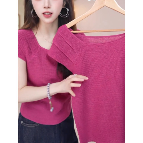 玫紅色顯白減齡冰絲針織衫溫柔甜美百搭短袖上衣2025夏季柔軟親膚