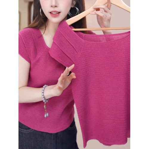 玫紅色顯白減齡冰絲針織衫溫柔甜美百搭短袖上衣2025夏季柔軟親膚