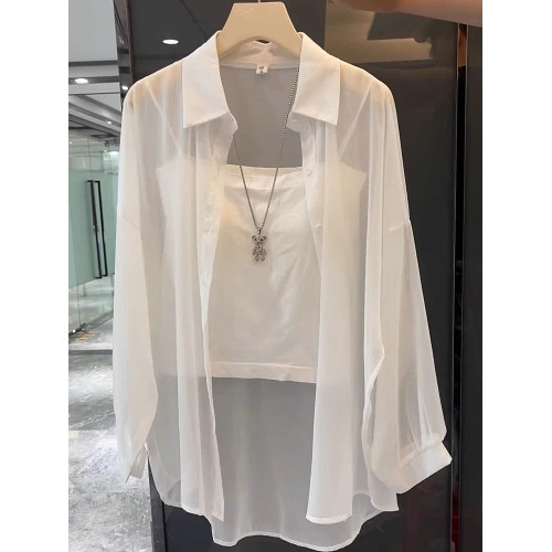 單/兩件裝 雪紡防曬開衫女夏薄款配吊帶裙罩衫防曬衣冰絲襯衫上衣