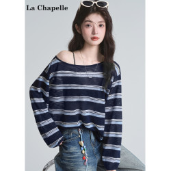 拉夏貝爾藏藍色條紋長袖t恤女防曬罩衫薄紗露肩後背鏤空上衣夏季