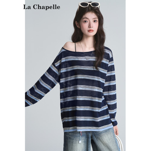 拉夏貝爾藏藍色條紋長袖t恤女防曬罩衫薄紗露肩後背鏤空上衣夏季