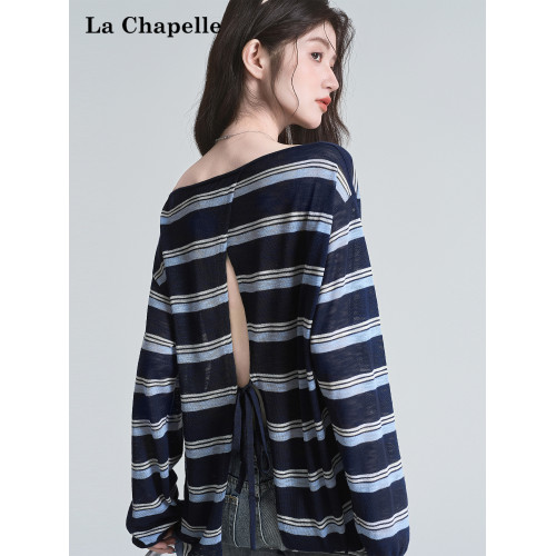 拉夏貝爾藏藍色條紋長袖t恤女防曬罩衫薄紗露肩後背鏤空上衣夏季