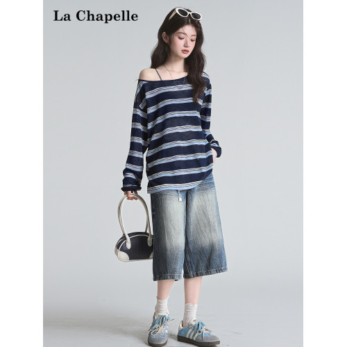 拉夏貝爾藏藍色條紋長袖t恤女防曬罩衫薄紗露肩後背鏤空上衣夏季