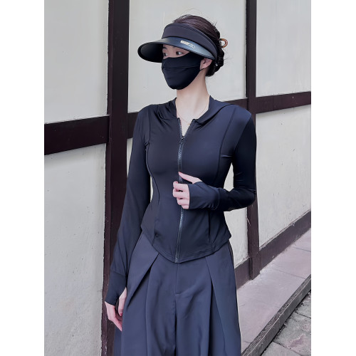 黑色連帽冰絲防曬衣女款夏薄款戶外防紫外線防曬服修身短外套上衣
