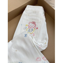 這是什麽神仙搭配~遮跨顯瘦有質感直筒牛仔褲夏季貓咪刺綉濶腿褲