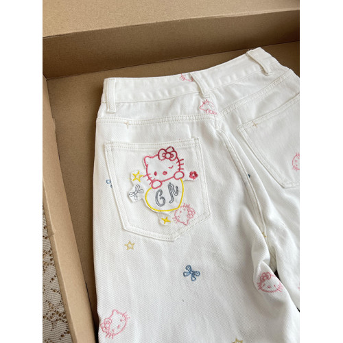 這是什麽神仙搭配~遮跨顯瘦有質感直筒牛仔褲夏季貓咪刺綉濶腿褲