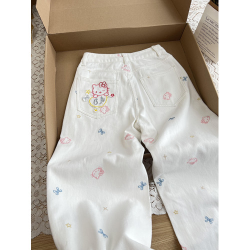 這是什麽神仙搭配~遮跨顯瘦有質感直筒牛仔褲夏季貓咪刺綉濶腿褲