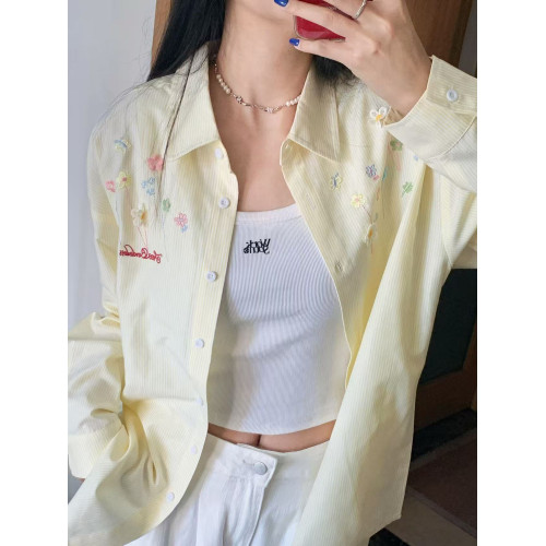 韓版可愛刺綉條紋襯衫女曡穿遮肉寬鬆百搭襯衣外搭防曬開衫ins潮