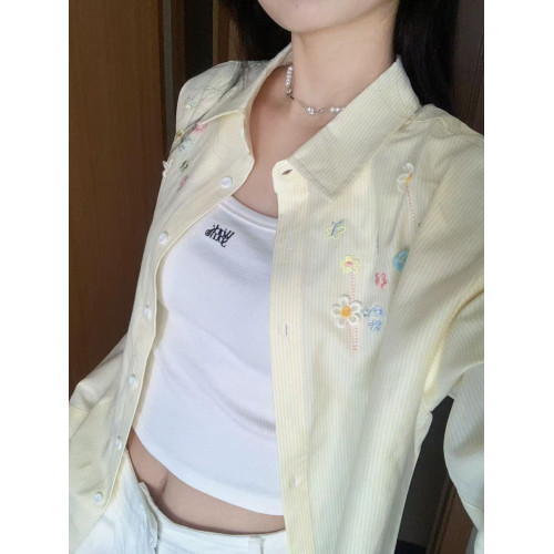 韓版可愛刺綉條紋襯衫女曡穿遮肉寬鬆百搭襯衣外搭防曬開衫ins潮