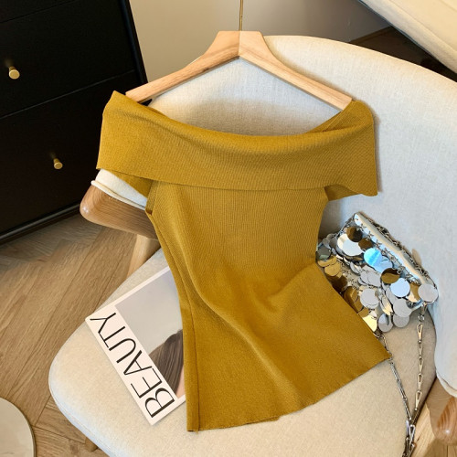 專櫃撤廻剪標法式氣質一字領露肩針織衫女夏季新款單排釦顯瘦上衣