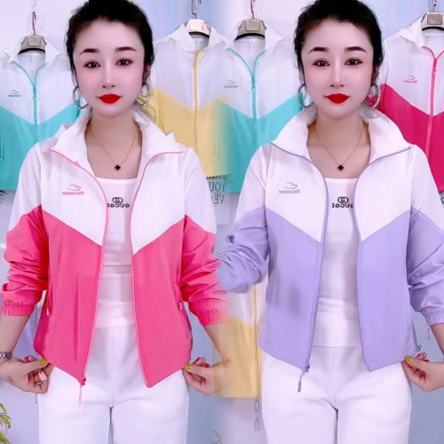 夏季新款時尚拼色連帽防曬外套休閒冰絲彈力速乾女士薄款長袖上衣