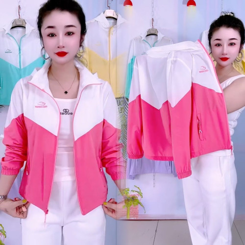 夏季新款時尚拼色連帽防曬外套休閒冰絲彈力速乾女士薄款長袖上衣