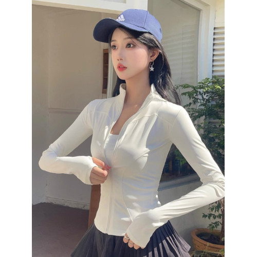 港味運動防曬長袖短外套女夏季修身顯瘦純色百搭拉鍊開衫短款上衣