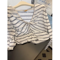 韓系條紋早秋罩衫女夏季2025新款設計感扭結露背寬鬆顯瘦長袖上衣