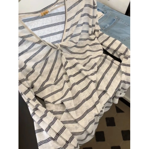 韓系條紋早秋罩衫女夏季2025新款設計感扭結露背寬鬆顯瘦長袖上衣