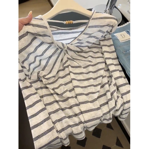 韓系條紋早秋罩衫女夏季2025新款設計感扭結露背寬鬆顯瘦長袖上衣