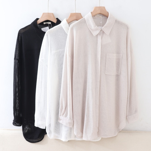 B05044日單夏新款客供料單排釦寬鬆女甜美氣質中長款鏤空長袖襯衫