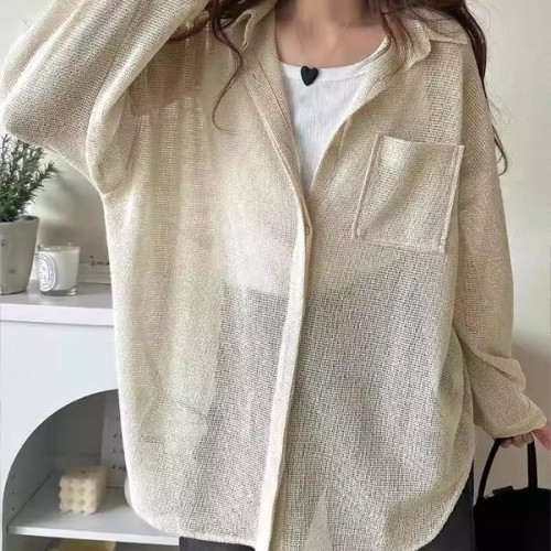 B05044日單夏新款客供料單排釦寬鬆女甜美氣質中長款鏤空長袖襯衫